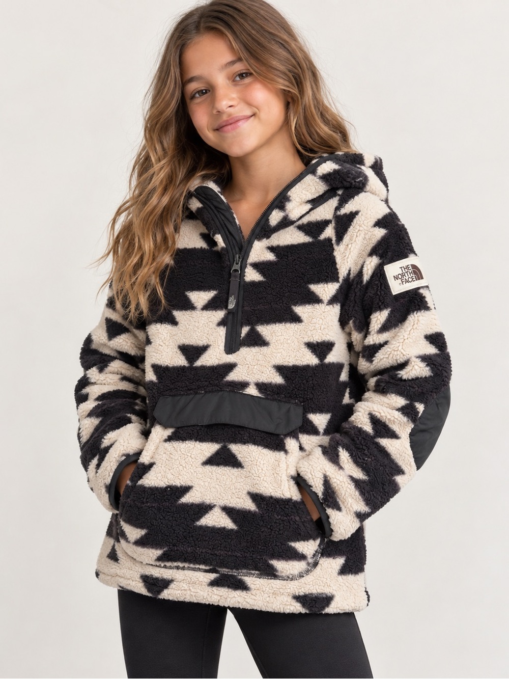 The North Face Girls L 14/16 Geometric Sherpa Fleece Hooded Pullover Black Cream